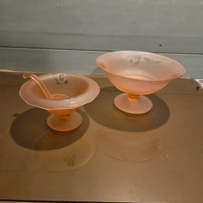 Sale Photo Thumbnail #315: Old Floral Painted Pink satin footed bowls and mayo spoon. Acid etched satin glass