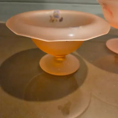 Sale Photo Thumbnail #319: Old Floral Painted Pink satin footed bowls and mayo spoon. Acid etched satin glass