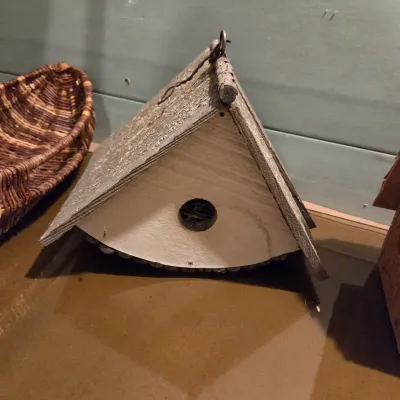 Sale Photo Thumbnail #376: Made locally, 4 birdhouses and a "canoe" basket