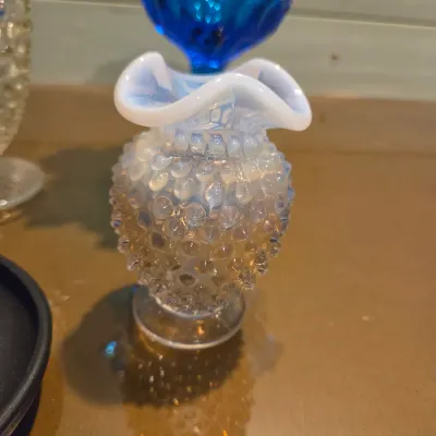 Sale Photo Thumbnail #334: Old Black satin advertising piece, moonstone goblet, Fenton french opalescent vase and a gorgeous turquoise Fenton Thumbprint Compote