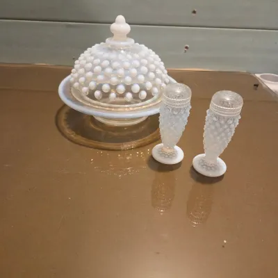 Sale Photo Thumbnail #274: Last Lot of French Opalescent Lot 3 - Pair of Salt and Pepper Shakers with their Plastic Lids! 
Gorgeous Butter Dish - I don't believe that to be Fenton, maybe Northwood