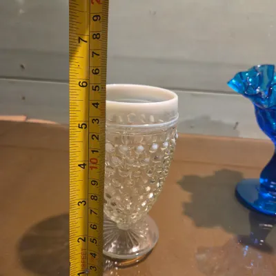 Sale Photo Thumbnail #337: Old Black satin advertising piece, moonstone goblet, Fenton french opalescent vase and a gorgeous turquoise Fenton Thumbprint Compote