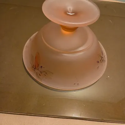 Sale Photo Thumbnail #330: Old Floral Painted Pink satin footed bowls and mayo spoon. Acid etched satin glass