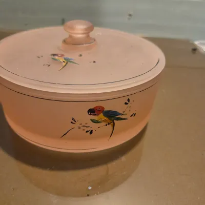 Sale Photo Thumbnail #308: Beautiful Pink Satin Glass with Enamel Painting. It is old and the painting has given some. Acid etched satin, super soft