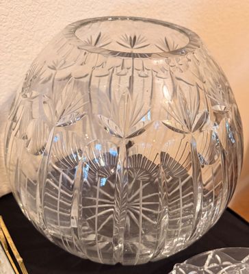 Sale Photo Thumbnail #5: Large cut crystal rose bowl vase featuring intricate floral and geometric patterns.