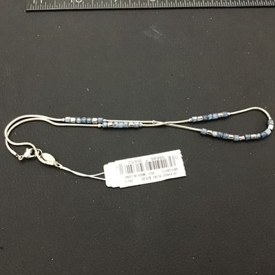 Sale Photo Thumbnail #75: New with tags Liz Claiborne silver-tone snake chain necklace featuring blue speckled stone or glass beads and silver-tone spacer accents. Measures approximately 16 inches in length with a lobster claw clasp and Liz Claiborne metal hang tag. Original retai