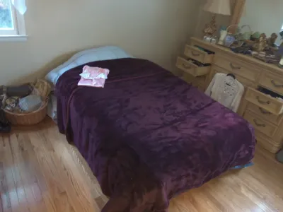 Sale Photo Thumbnail #17: Bedroom set featuring a bed with plush purple comforter and a light wood dresser with matching mirror.