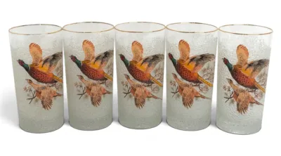Sale Photo Thumbnail #29: Pheasant frosted vintage glasses