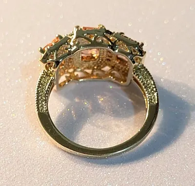 **NEW ARRIVAL** Size 8 TRIPLE AMBER Rectangle Stones RING with Bright Clear Stones Surround + Gold Color Setting and Band (5.5g)