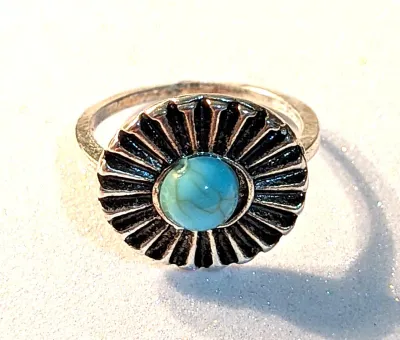 **NEW ARRIVAL** Size 6½ "Silver & Black" RING with Round Turquoise Style Stone and 23 "Spikes" on a Silver Tone...