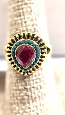 **NEW ARRIVAL** Size 7 RED TEARDROP Center Stone RING with Small GREEN "Globes' Surround + Gold & Black Color Setting on a...