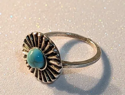 **NEW ARRIVAL** Size 6½ "Silver & Black" RING with Round Turquoise Style Stone and 23 "Spikes" on a Silver Tone...