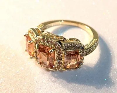 **NEW ARRIVAL** Size 8 TRIPLE AMBER Rectangle Stones RING with Bright Clear Stones Surround + Gold Color Setting and Band (5.5g)