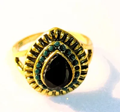 **NEW ARRIVAL** Size 8½ BLACK TEARDROP Center Stone RING with Small GREEN "Globes' Surround + Gold & Black Color Setting on...