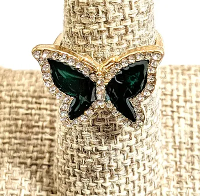 **NEW ARRIVAL** Size 7½ Deep GREEN Enamel BUTTERFLY RING with Clear Stones Surround on a GOLD Tone Band and Setting (4.1.g)