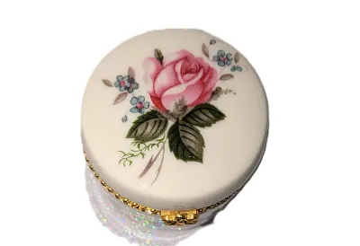 ***NEW ARRIVAL*** HINGED CERAMIC Cylinder Shape "PINK ROSE FLOWERS" TRINKET BOX (2" H x 2" Diam.) with GOLD Tone...