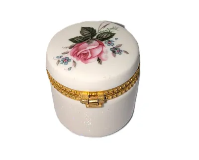 ***NEW ARRIVAL*** HINGED CERAMIC Cylinder Shape "PINK ROSE FLOWERS" TRINKET BOX (2" H x 2" Diam.) with GOLD Tone...