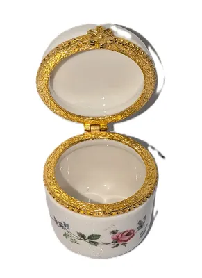 ***NEW ARRIVAL*** HINGED CERAMIC Cylinder Shape "PINK ROSE FLOWERS" TRINKET BOX (2" H x 2" Diam.) with GOLD Tone...