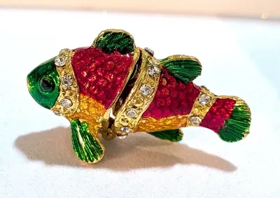 **NEW ARRIVAL** Colorful Enameled Red, Green & Amber "FISH" BROOCH (1¾" x 1") with Clear Stones Vertical Lines...
