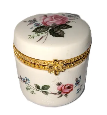 ***NEW ARRIVAL*** HINGED CERAMIC Cylinder Shape "PINK ROSE FLOWERS" TRINKET BOX (2" H x 2" Diam.) with GOLD Tone...