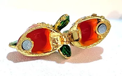 **NEW ARRIVAL** Colorful Enameled Red, Green & Amber "FISH" BROOCH (1¾" x 1") with Clear Stones Vertical Lines...