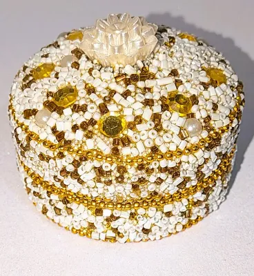 ***NEW ARRIVAL*** WHITE & AMBER TUBE BEADED 2 Pc. TRINKET BOX (2" H x 2¾" Diam.) with Top Acrylic White Flower and...