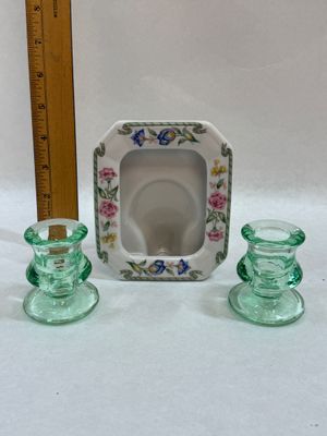 Porcelain Floral Picture Frame and Green Glass Candlestick Holders