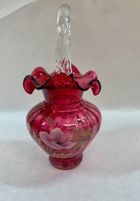 Fenton Handpainted Cranberry Glass Basket Legacy Collection 95th Anniversary