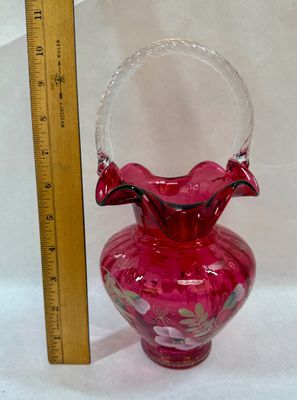 Fenton Handpainted Cranberry Glass Basket Legacy Collection 95th Anniversary