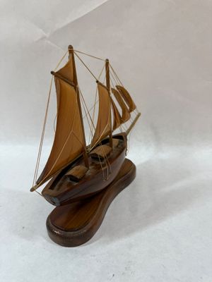 Vintage Handcrafted Wooden Model Sailboat on Wooden Base