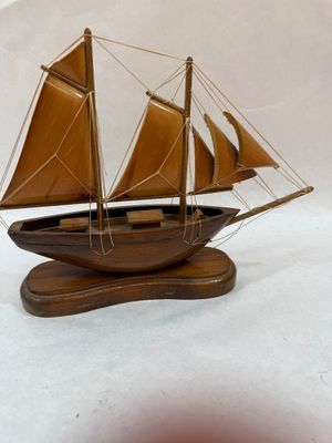 Vintage Handcrafted Wooden Model Sailboat on Wooden Base