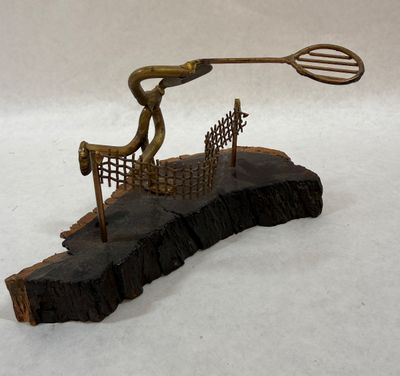 Gino Perry Metal Tennis Player Sculpture on Wood Base