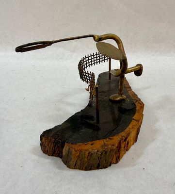 Gino Perry Metal Tennis Player Sculpture on Wood Base