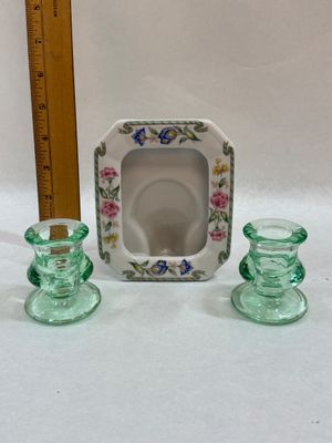 Porcelain Floral Picture Frame and Green Glass Candlestick Holders