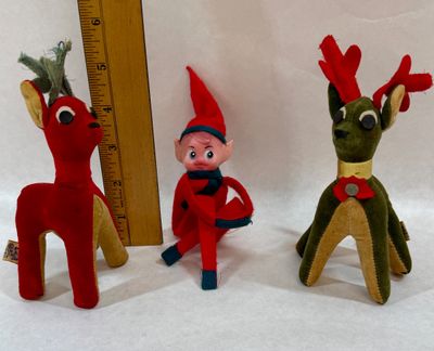 Vintage Japanese Pixie Elf and Plush Reindeer Christmas Figures 3 pc lot
