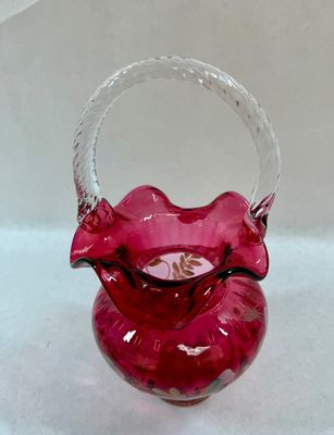 Fenton Handpainted Cranberry Glass Basket Legacy Collection 95th Anniversary