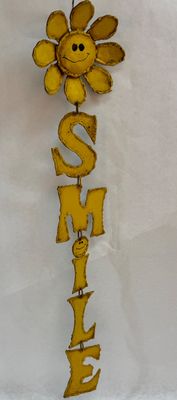 Vintage Yellow Metal 'SMILE' Sunflower Wall Hanging