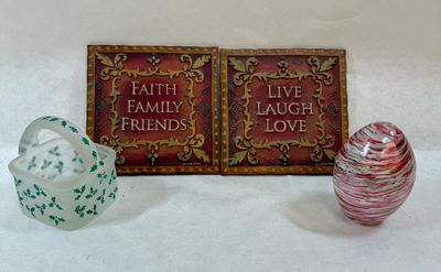 Jo Moulton Wall Plaques, Swirled Glass Egg & Frosted Glass Holly Basket