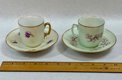 Pair of Vintage Hand-Painted Porcelain Demitasse Cups and Saucers