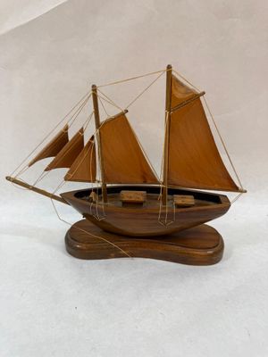 Vintage Handcrafted Wooden Model Sailboat on Wooden Base