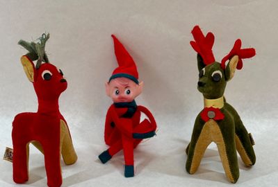 Vintage Japanese Pixie Elf and Plush Reindeer Christmas Figures 3 pc lot
