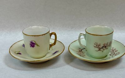 Pair of Vintage Hand-Painted Porcelain Demitasse Cups and Saucers