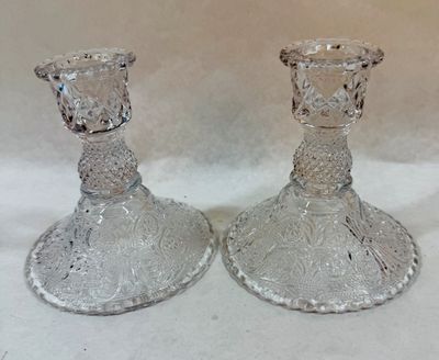 Pair of Vintage Cut Pressed Clear Glass Candlestick Holders