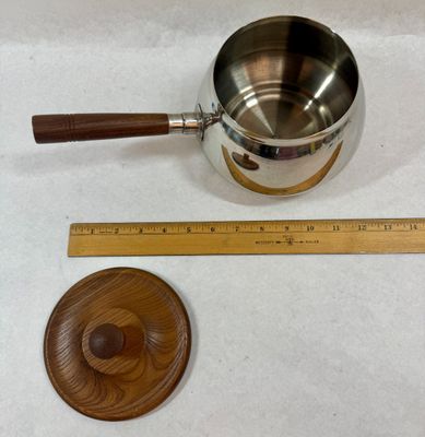 Vintage Mid-Century Stainless Steel & Wood Handle Fondue Pot / Saucepan