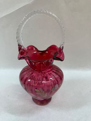 Fenton Handpainted Cranberry Glass Basket Legacy Collection 95th Anniversary