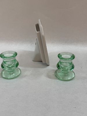 Porcelain Floral Picture Frame and Green Glass Candlestick Holders