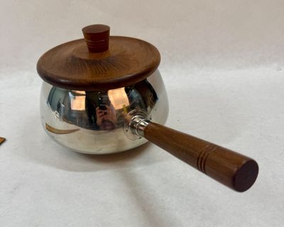 Vintage Mid-Century Stainless Steel & Wood Handle Fondue Pot / Saucepan