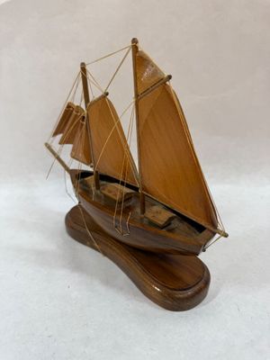 Vintage Handcrafted Wooden Model Sailboat on Wooden Base