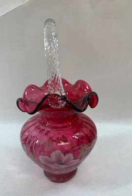 Fenton Handpainted Cranberry Glass Basket Legacy Collection 95th Anniversary