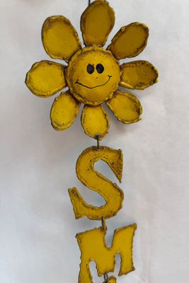 Vintage Yellow Metal 'SMILE' Sunflower Wall Hanging